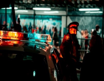 Male police officer and squad car responding to incident at night